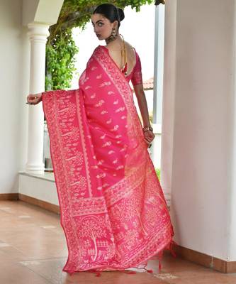 Pink banglori raw silk blend weaving warli rich look classy saree 2