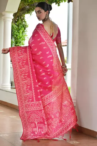 Pink banglori raw silk blend weaving warli rich look classy saree