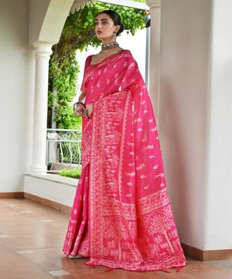 Pink banglori raw silk blend weaving warli rich look classy saree 3