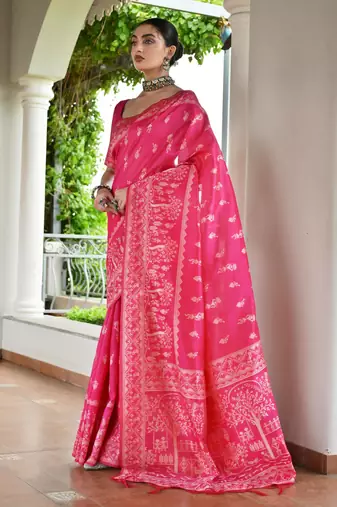 Pink banglori raw silk blend weaving warli rich look classy saree