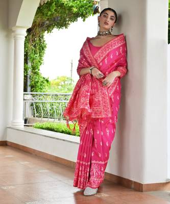 Pink banglori raw silk blend weaving warli rich look classy saree 4