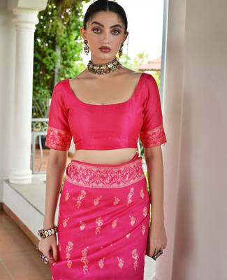 Pink banglori raw silk blend weaving warli rich look classy saree 5