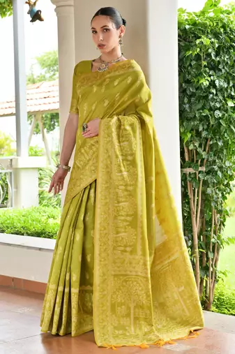 Olive banglori raw silk weaving warli designer rich look classy saree