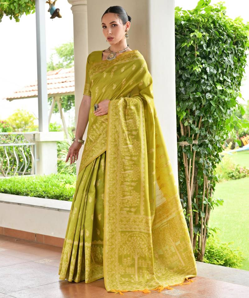 Olive color banglori raw silk  weaving warli designer  rich look classy saree