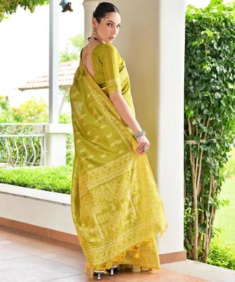 Olive banglori raw silk blend weaving warli rich look classy saree 2