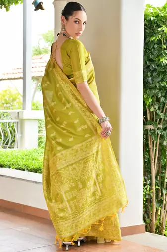 Olive banglori raw silk blend weaving warli rich look classy saree
