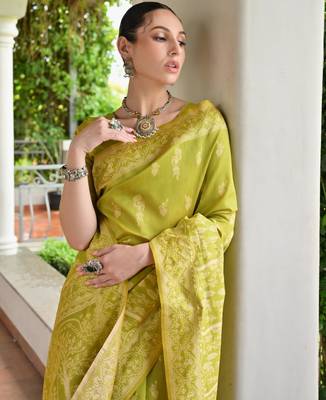Olive banglori raw silk blend weaving warli rich look classy saree 3