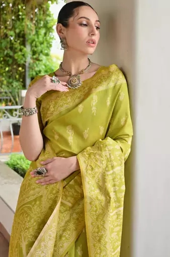 Olive banglori raw silk blend weaving warli rich look classy saree