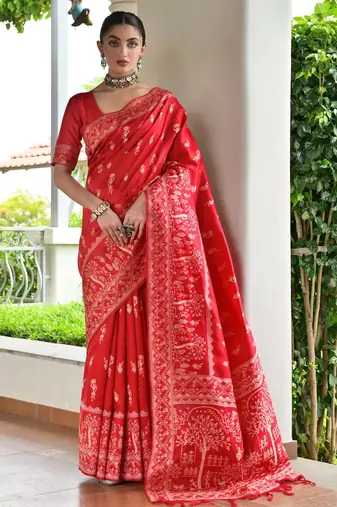 Red color banglori raw silk  weaving warli designer  rich look classy saree