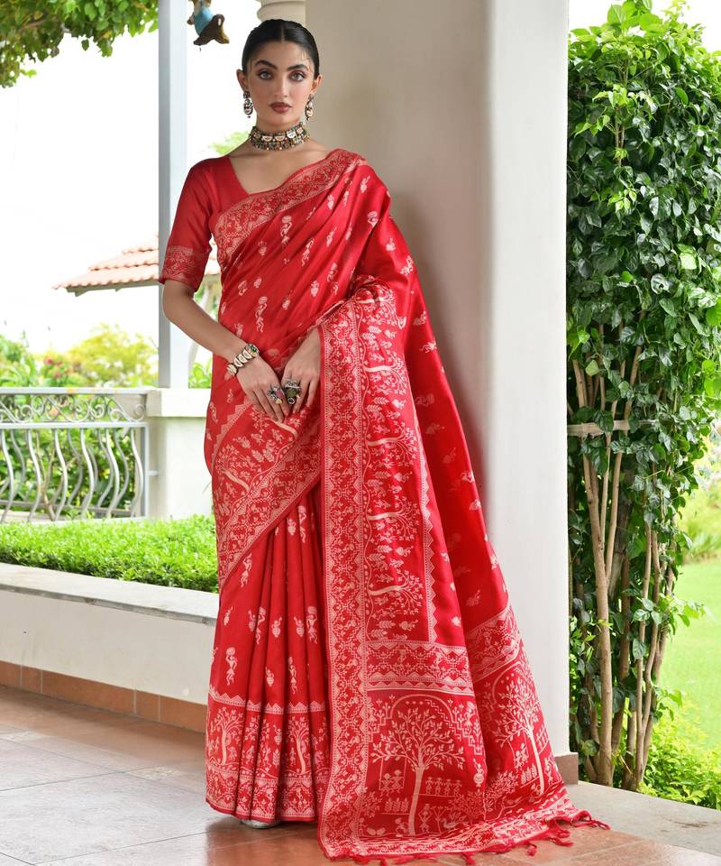 Red color banglori raw silk  weaving warli designer  rich look classy saree