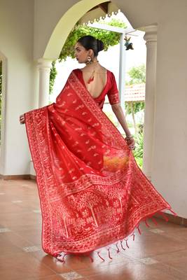 Red banglori raw silk blend weaving warli rich look classy saree 2