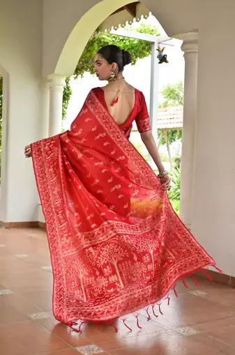 Red banglori raw silk blend weaving warli rich look classy saree