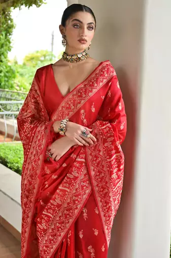 Red banglori raw silk blend weaving warli rich look classy saree