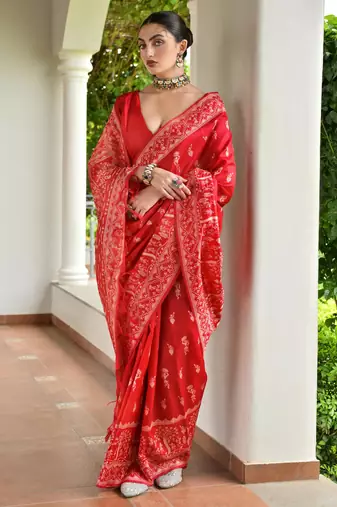 Red banglori raw silk blend weaving warli rich look classy saree