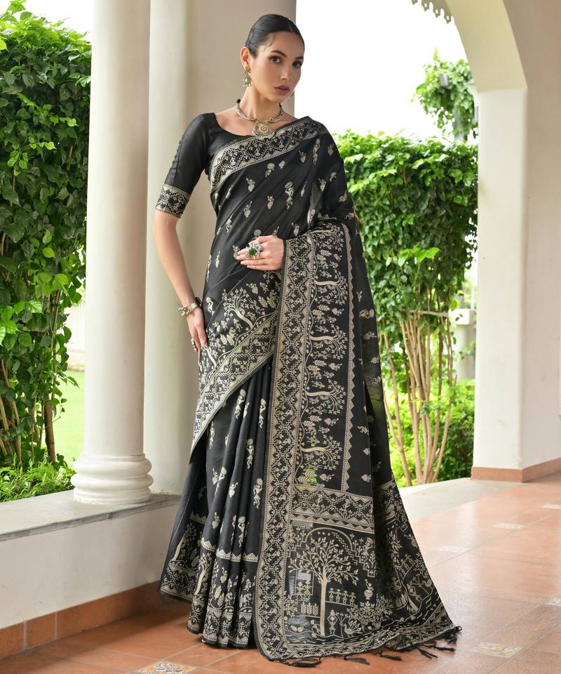 Black color banglori raw silk  weaving warli designer  rich look classy saree