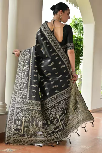 Black banglori raw silk blend weaving warli rich look classy saree