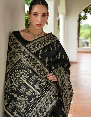 Black banglori raw silk blend weaving warli rich look classy saree 3