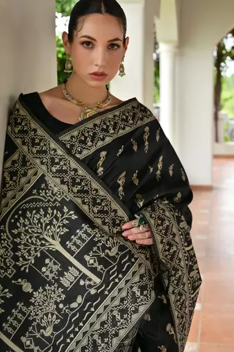 Black banglori raw silk blend weaving warli rich look classy saree