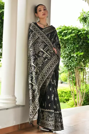 Black banglori raw silk blend weaving warli rich look classy saree