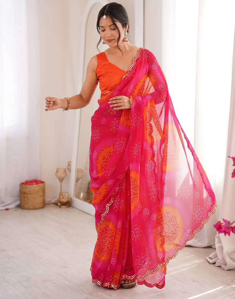 Pink color georgette fabric classy printed girlie saree