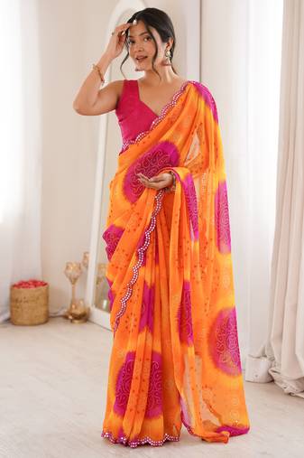 Yellow color georgette fabric classy printed girlie saree