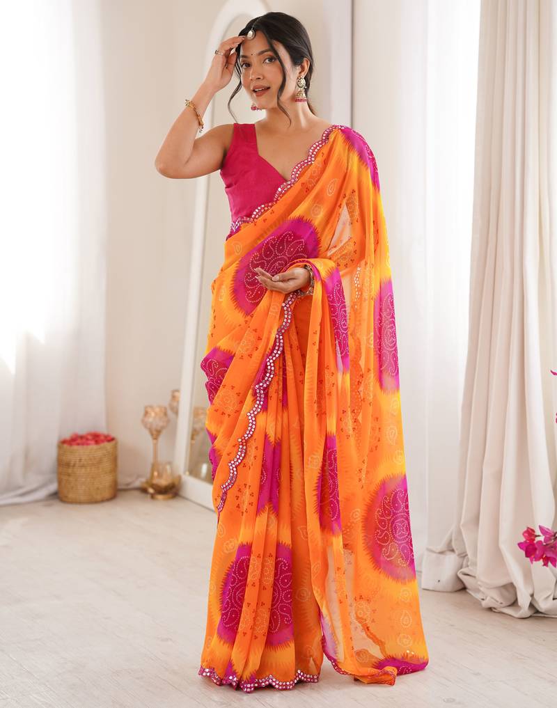 Yellow color georgette fabric classy printed girlie saree