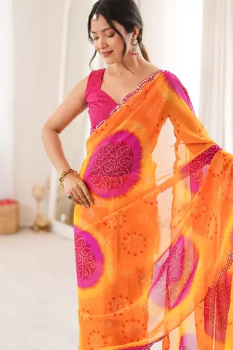 Yellow georgette classy printed girlie saree