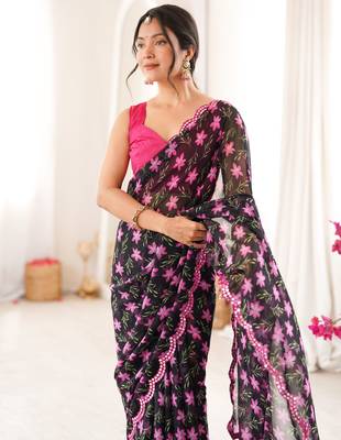 Black georgette classy printed girlie saree 3