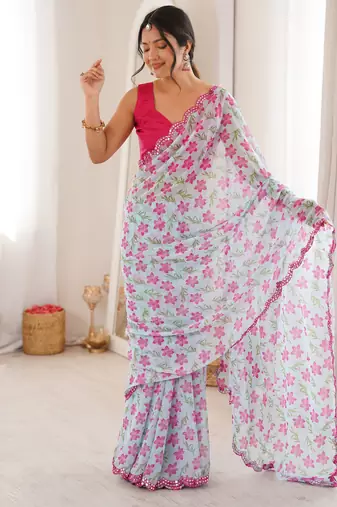 Sky blue georgette fabric classy printed girlie saree