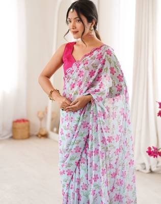 Sky blue georgette classy printed girlie saree 3