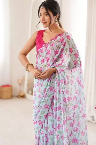 Sky blue georgette classy printed girlie saree