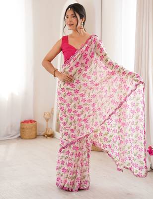 White georgette classy printed girlie saree 4