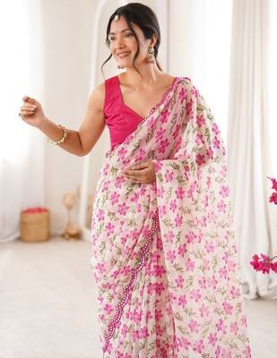 White georgette classy printed girlie saree 5