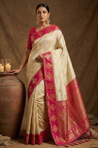 Cream color elegant woven designer soft silk saree