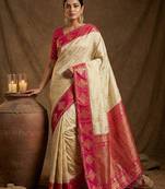 Cream elegant woven designer soft silk saree