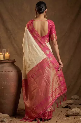 Cream elegant woven soft silk blend saree
