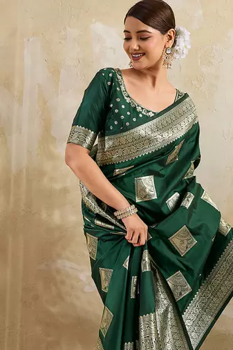 Green silk blend woven saree