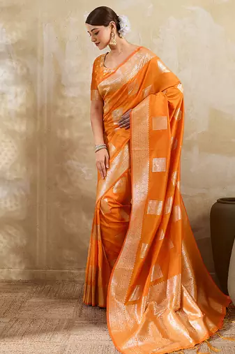 Orange silk blend woven saree