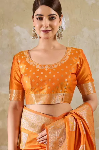 Orange silk blend woven saree