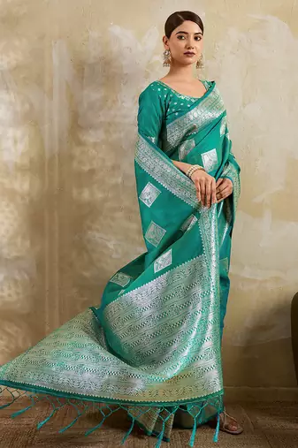 Sea green silk blend woven saree