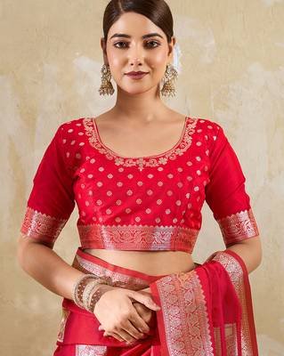 Red silk blend woven saree 5