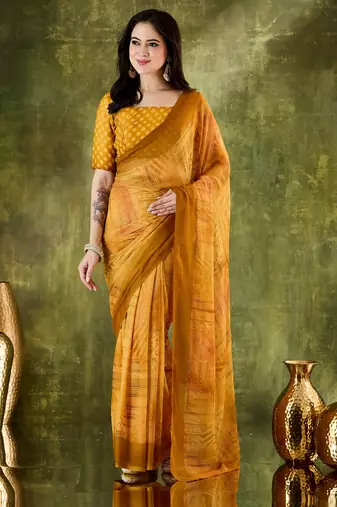 Yellow color bollywood style printed chiffon saree for ethnic party looks