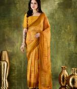 Yellow style printed chiffon saree for ethnic party looks
