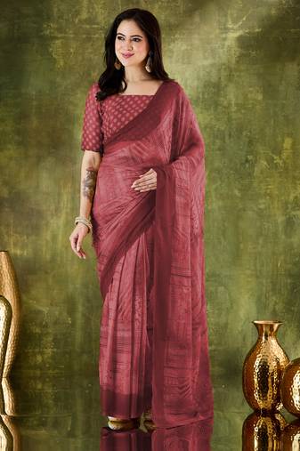 Coral color bollywood style printed chiffon saree for ethnic party looks