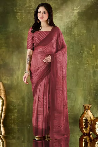 Coral color bollywood style printed chiffon saree for ethnic party looks