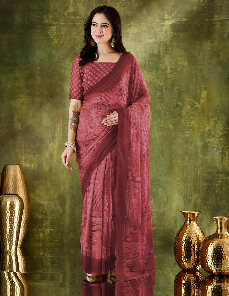 Coral color bollywood style printed chiffon saree for ethnic party looks