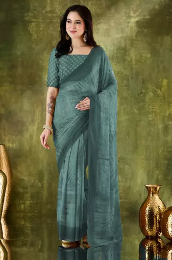 Rama color bollywood style printed chiffon saree for ethnic party looks