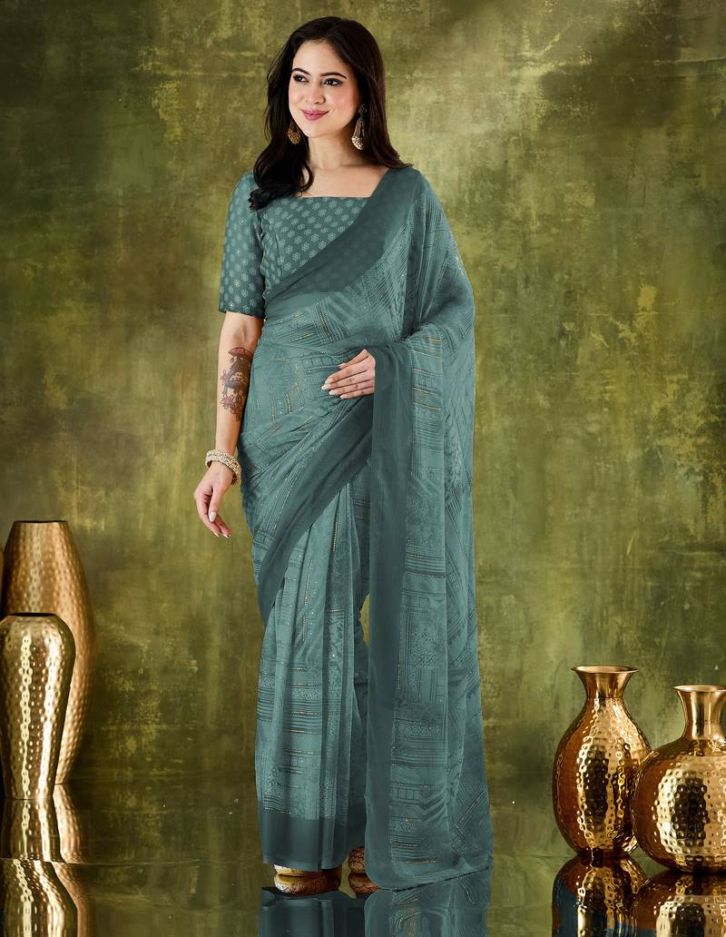 Rama color bollywood style printed chiffon saree for ethnic party looks