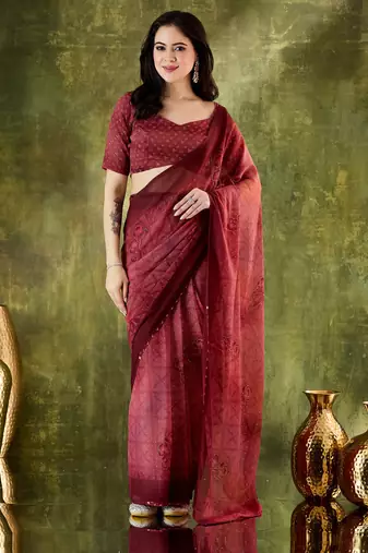 Maroon color bollywood style printed chiffon saree for ethnic party looks