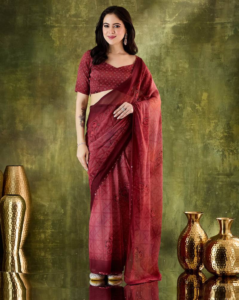 Maroon color bollywood style printed chiffon saree for ethnic party looks